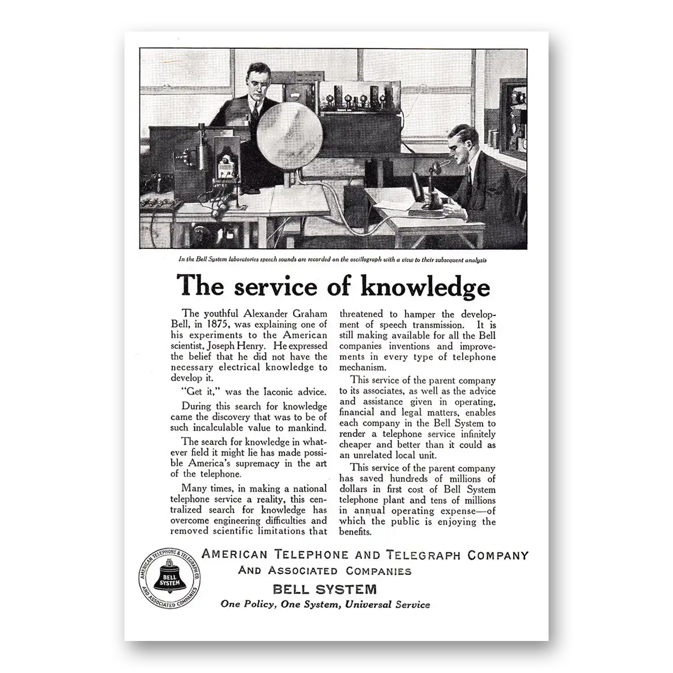 1924 American Telephone Service of Knowledge Vintage Magazine Print Ad