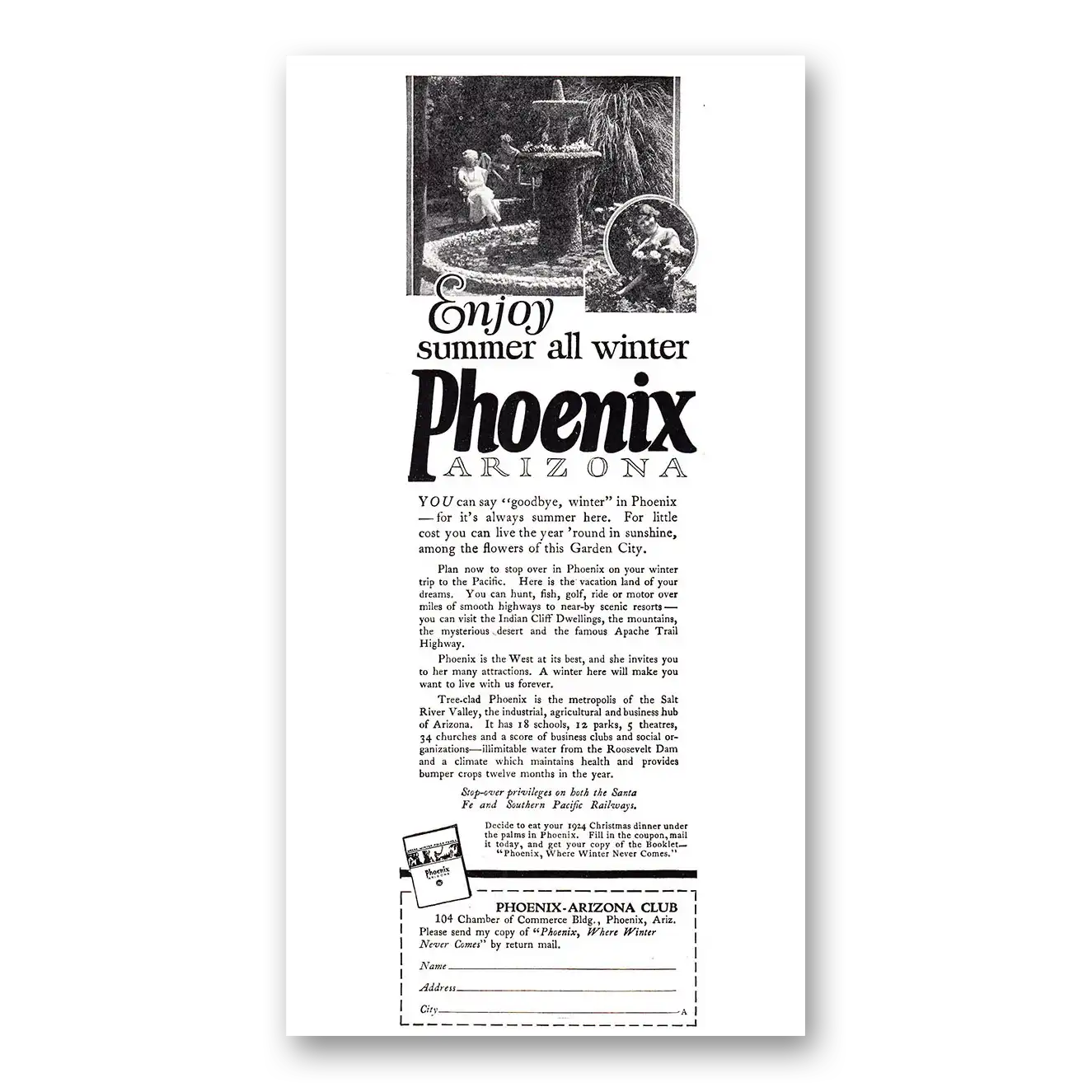 1924 Phoenix Arizona Enjoy Summer All Winter Vintage Magazine Print Ad