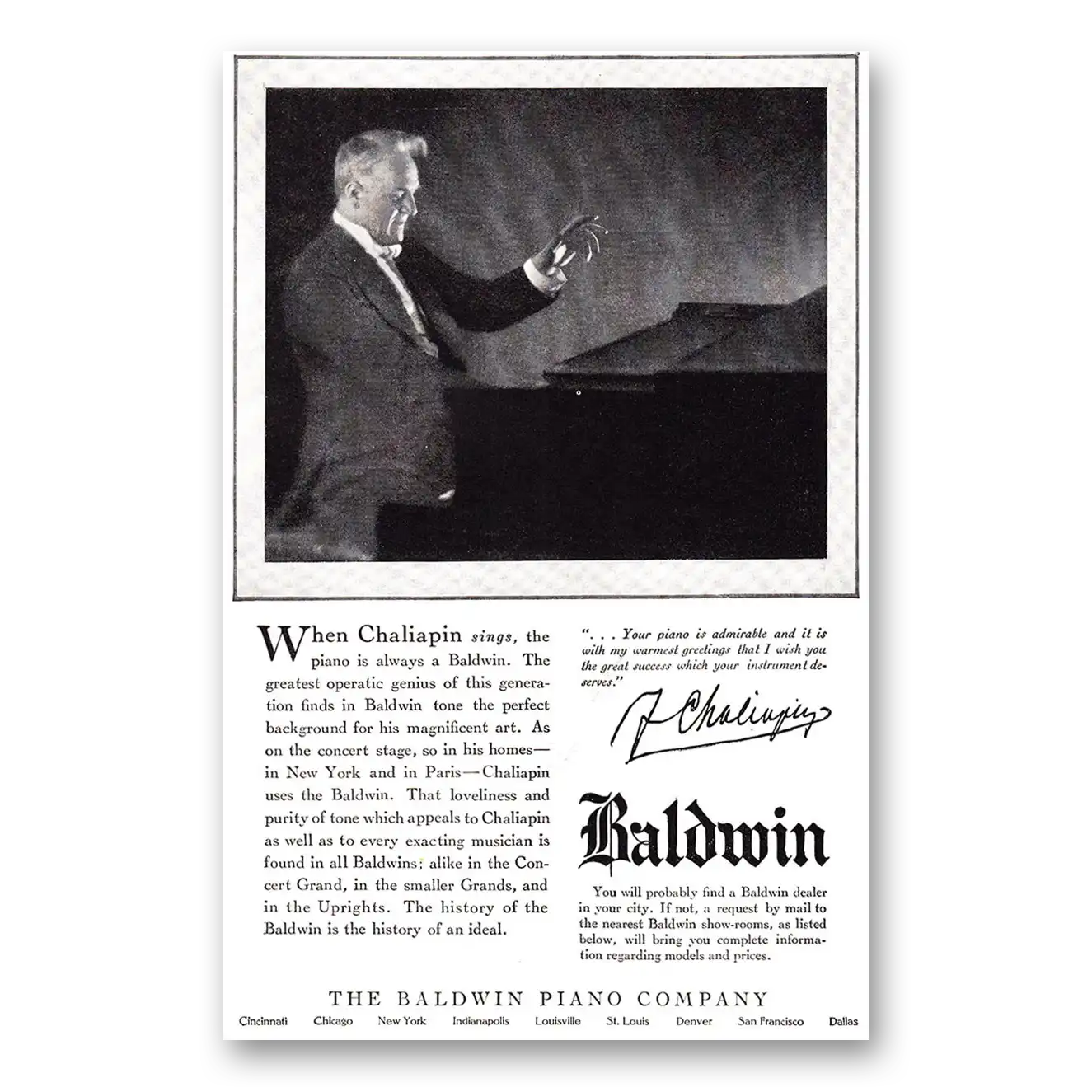 1924 Baldwin Piano Chaliapin Sings Vintage Magazine Print Ad