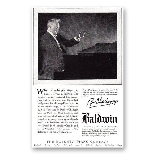 1924 Baldwin Piano Chaliapin Sings Vintage Magazine Print Ad