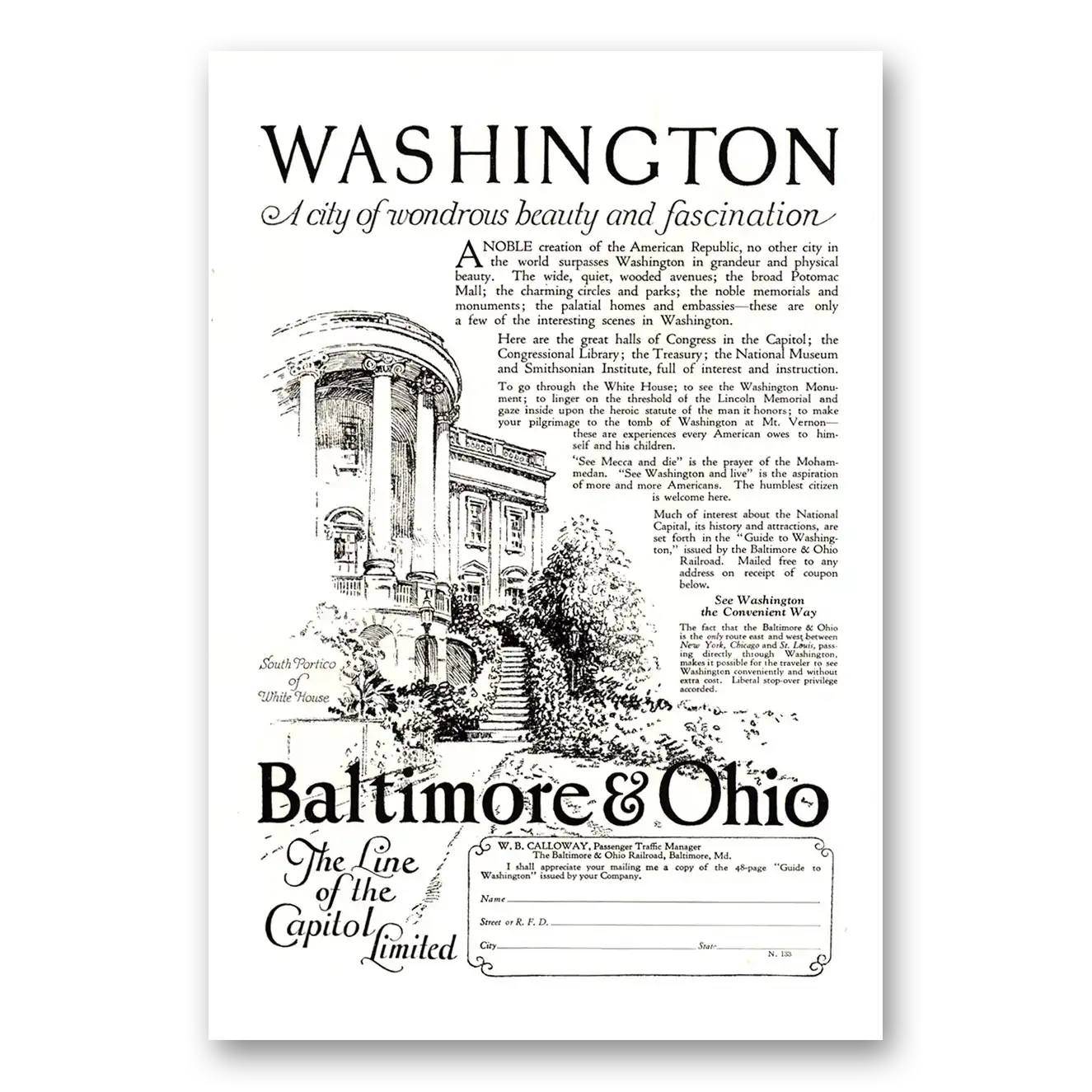 1924 Baltimore and Ohio Railroad Washington Wonderous Beauty Vintage Magazine Print Ad