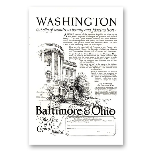 1924 Baltimore and Ohio Railroad Washington Wonderous Beauty Vintage Magazine Print Ad