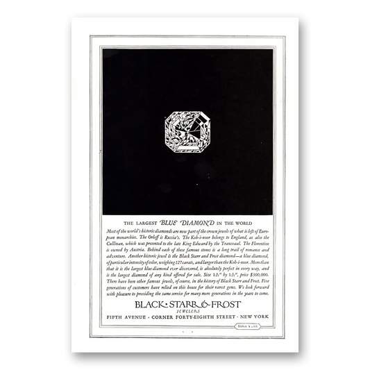 1924 Black Starr Frost Largest Blue Diamond Vintage Magazine Print Ad