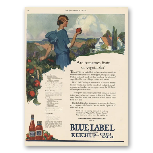 1924 Blue Label Ketchup Are Tomatoes Fruit or Vegetable Vintage Magazine Print Ad