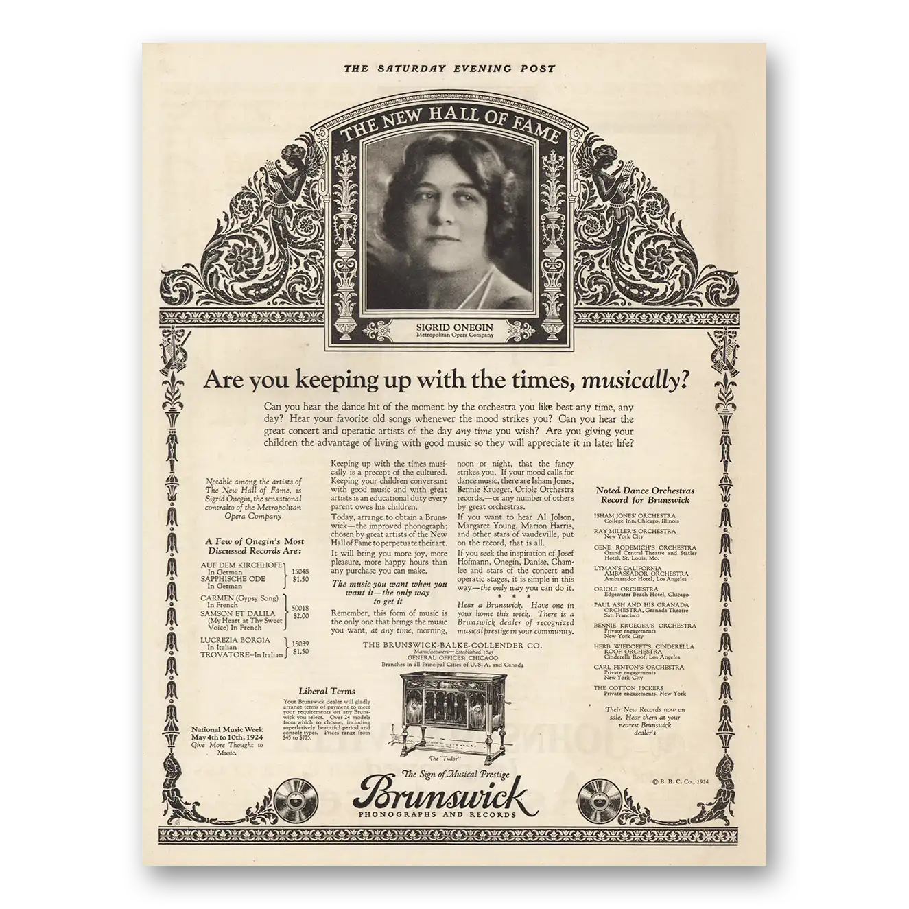 1924 Brunswick Phonograph Sigrid Onegin Vintage Magazine Print Ad