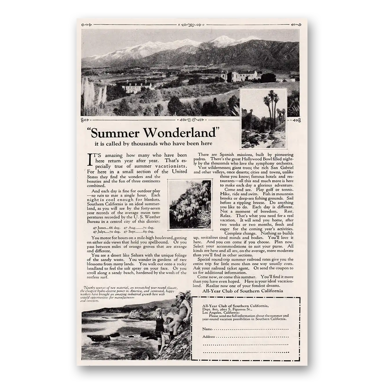 1924 Southern California Summer Wonderland Vintage Magazine Print Ad