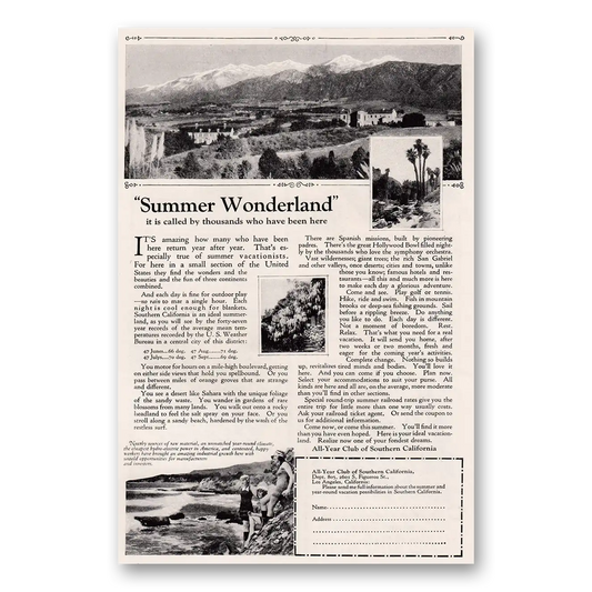 1924 Southern California Summer Wonderland Vintage Magazine Print Ad