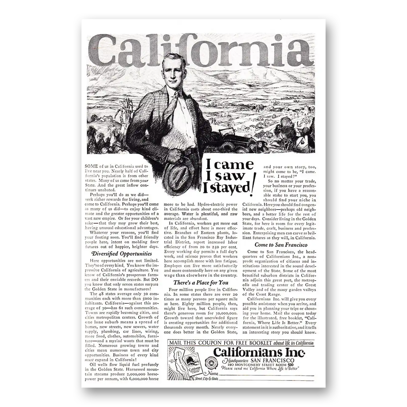 1924 California I Came I Saw I Stayed Vintage Magazine Print Ad