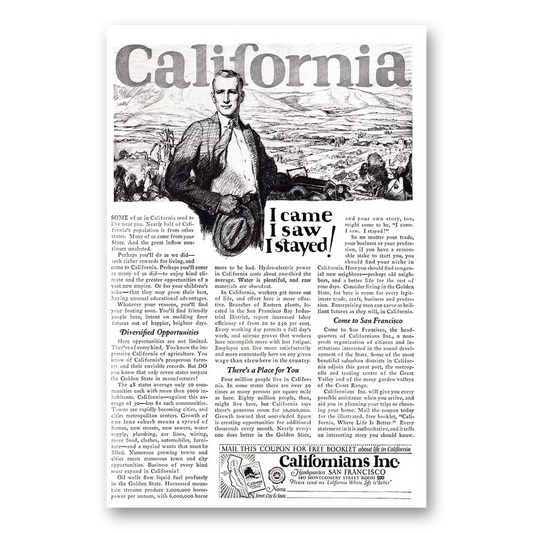 1924 California I Came I Saw I Stayed Vintage Magazine Print Ad