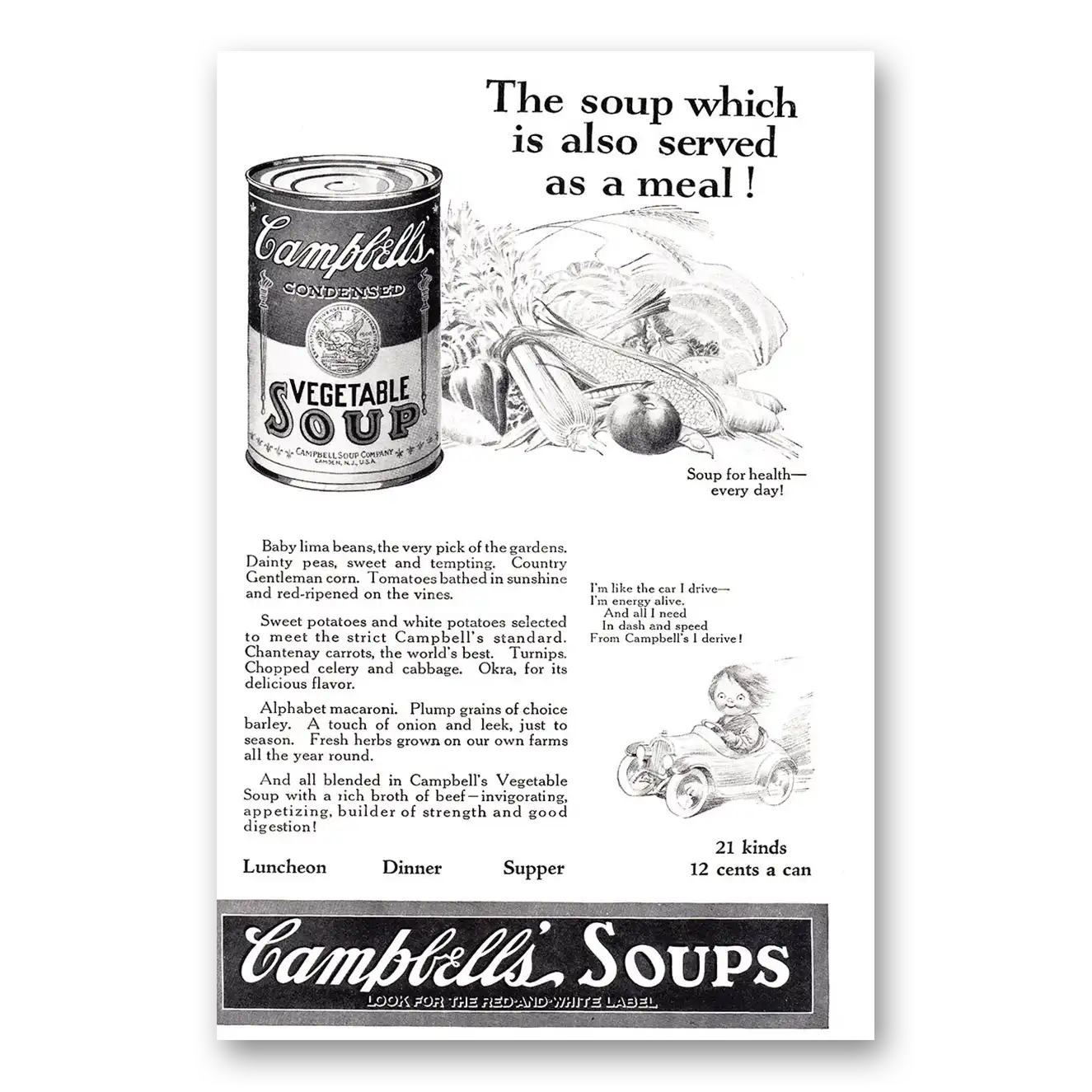 1924 Campbells Vegetable Soup Also Served As a Meal Vintage Magazine Print Ad