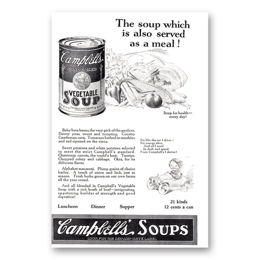 1924 Campbells Vegetable Soup Also Served As a Meal Vintage Magazine Print Ad