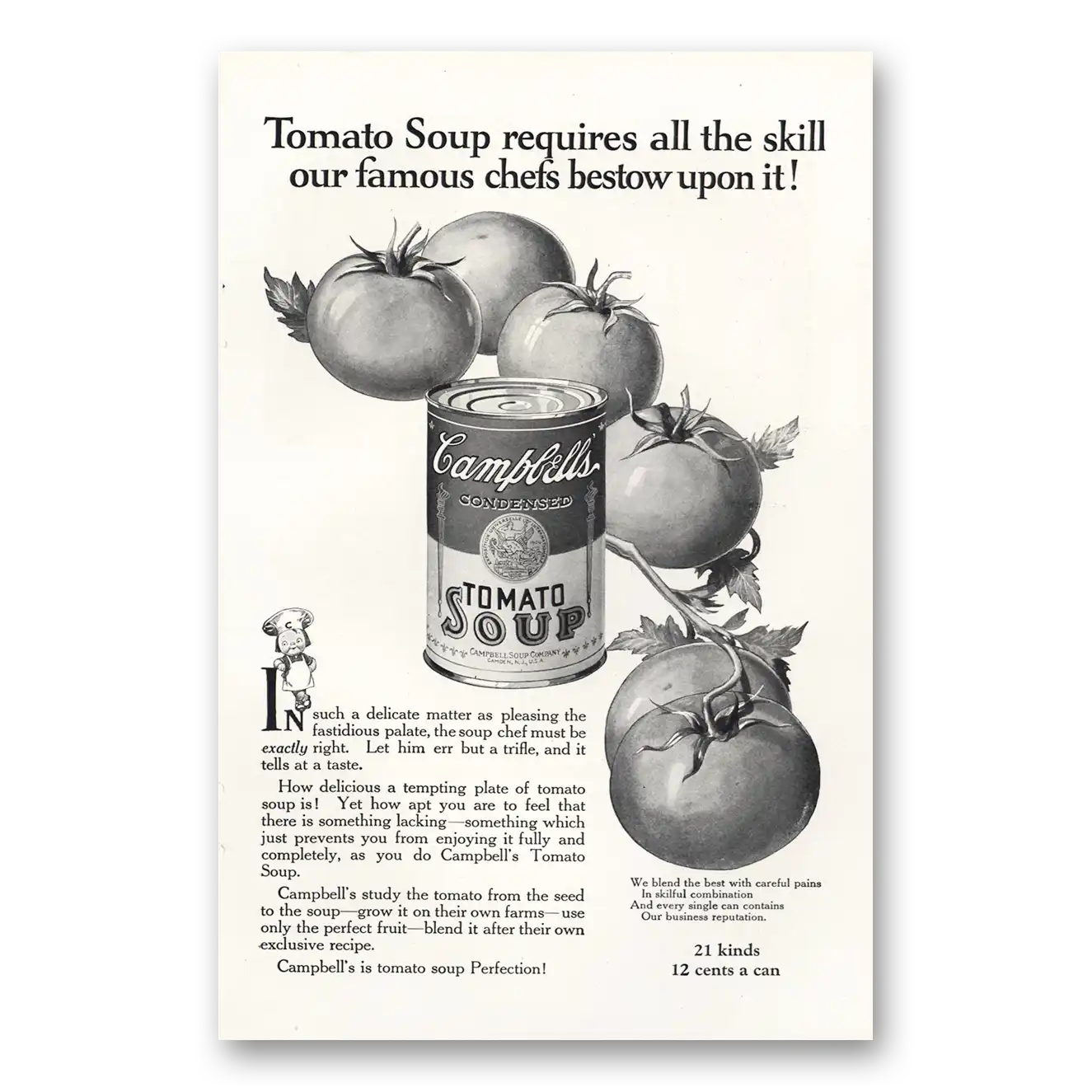 1924 Campbells Tomato Soup Requires All the Skill Famous Chefs Vintage Magazine Print Ad