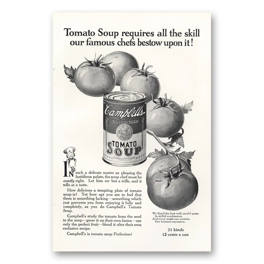 1924 Campbells Tomato Soup Requires All the Skill Famous Chefs Vintage Magazine Print Ad