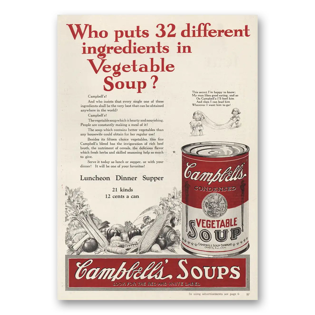 1924 Campbells Vegetable Soup Different Ingredients Vintage Magazine Print Ad