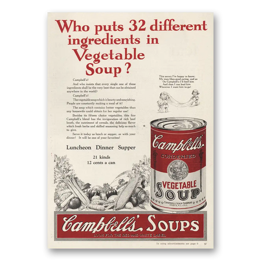 1924 Campbells Vegetable Soup Different Ingredients Vintage Magazine Print Ad