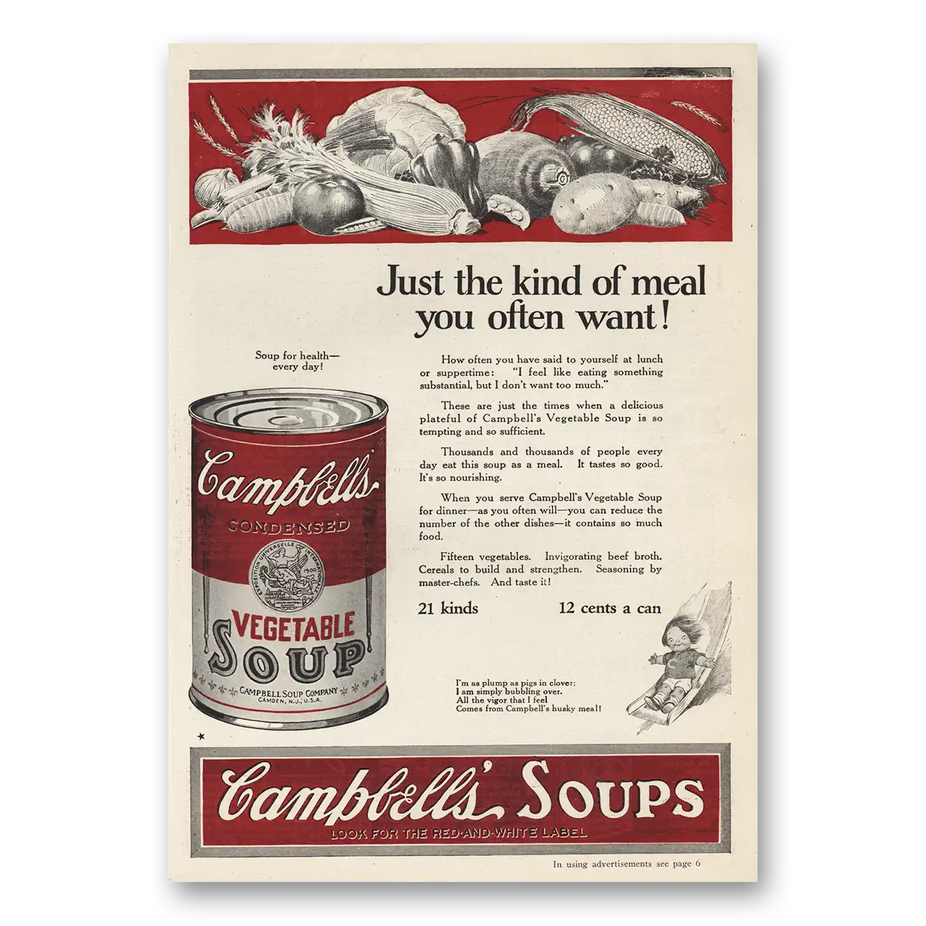 1924 Campbells Vegetable Soup Meal You Often Want Vintage Magazine Print Ad