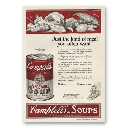 1924 Campbells Vegetable Soup Meal You Often Want Vintage Magazine Print Ad