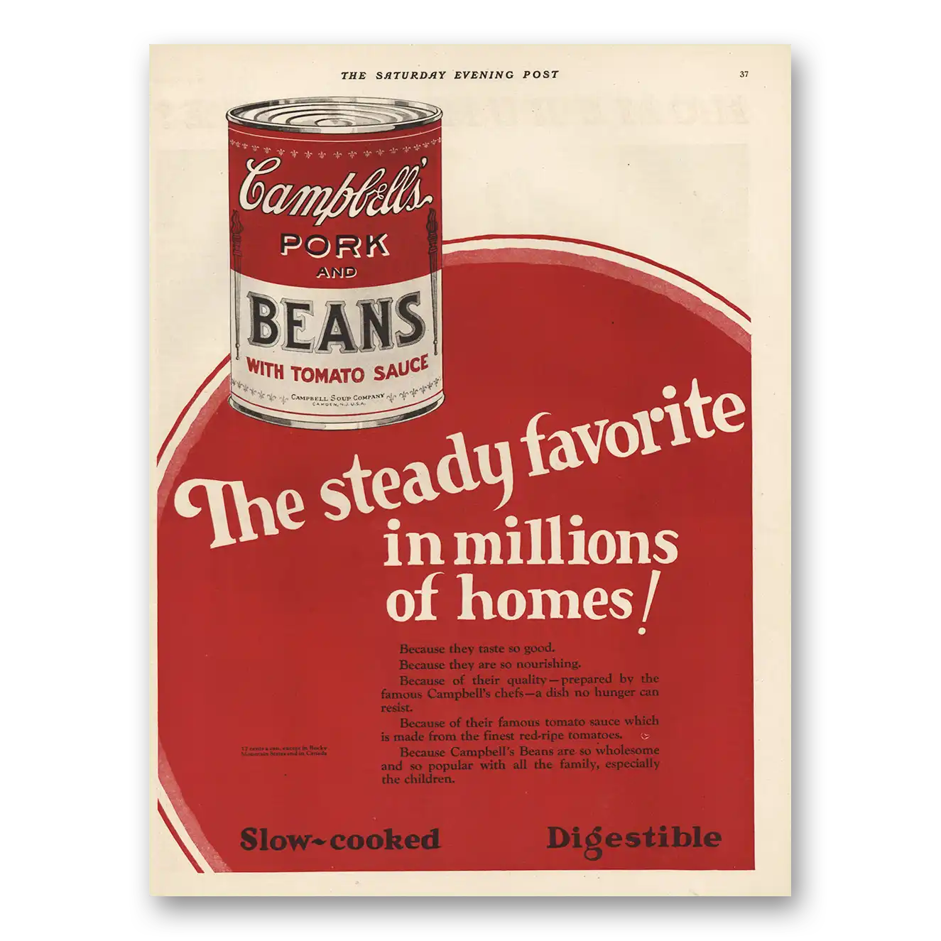 1924 Campbells Pork and Beans Steady Favorite Vintage Magazine Print Ad