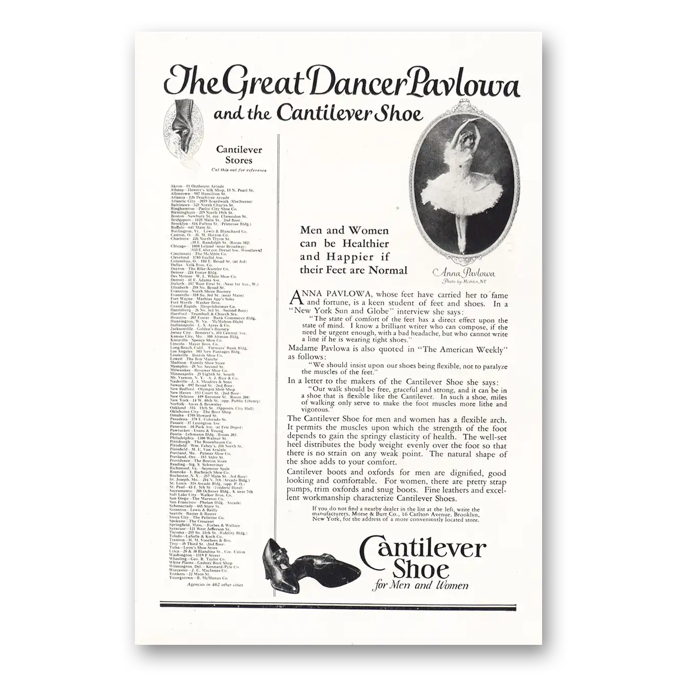 1924 Cantilever Shoe Great Dancer Pavlowa Vintage Magazine Print Ad