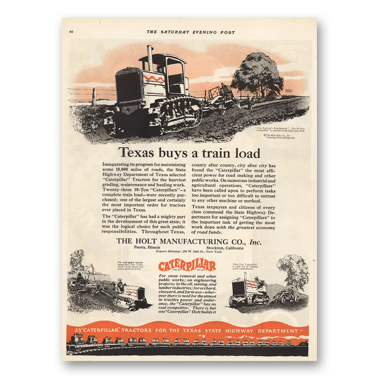 1924 Caterpillar Texas Buys a Train Load Vintage Magazine Print Ad