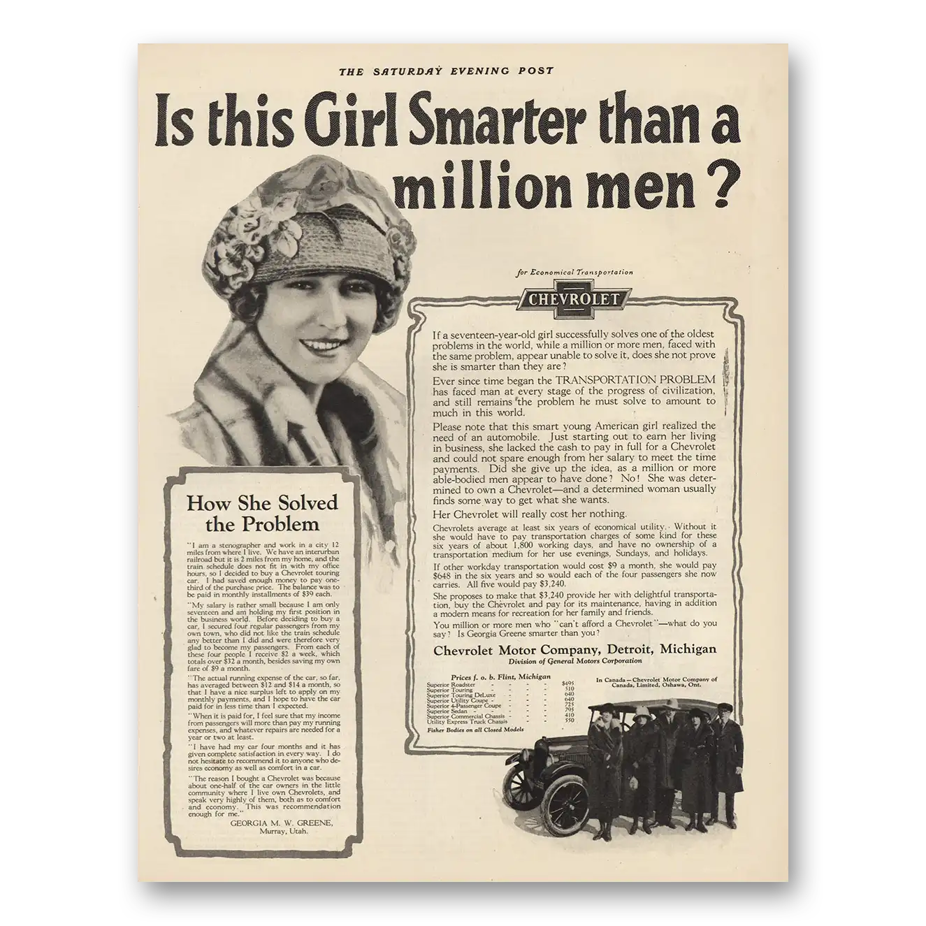 1924 Chevrolet Girl Smarter Than Million Men Vintage Magazine Print Ad