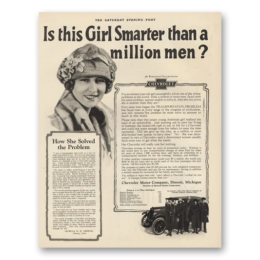 1924 Chevrolet Girl Smarter Than Million Men Vintage Magazine Print Ad