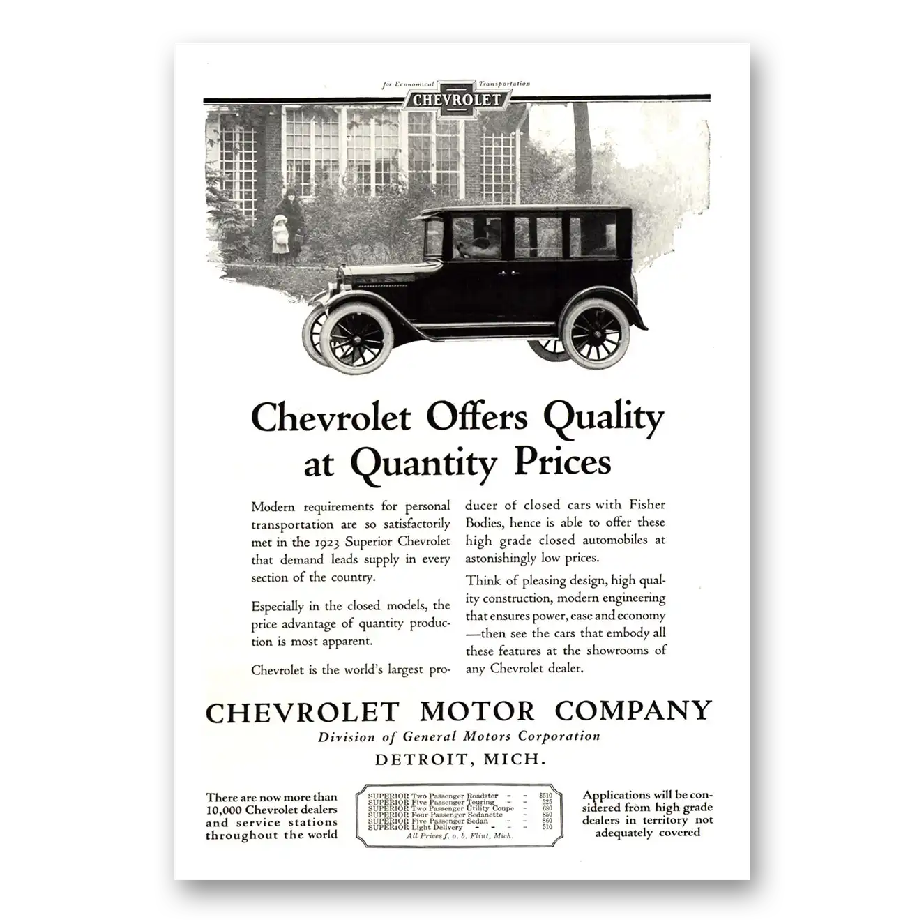 1924 Chevrolet Sedan Offers Quality at Quantity Prices Vintage Magazine Print Ad