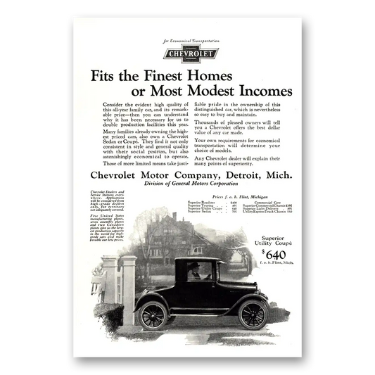 1924 Chevrolet Sedan Fits the Finest Homes Most Modest Incomes Vintage Magazine Print Ad