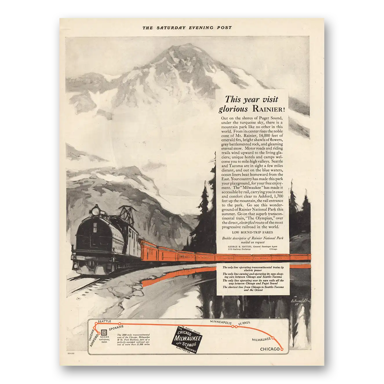 1924 Chicago Milwaukee and St Paul Railway This Year Visit Glorious Ranier Vintage Magazine Print Ad