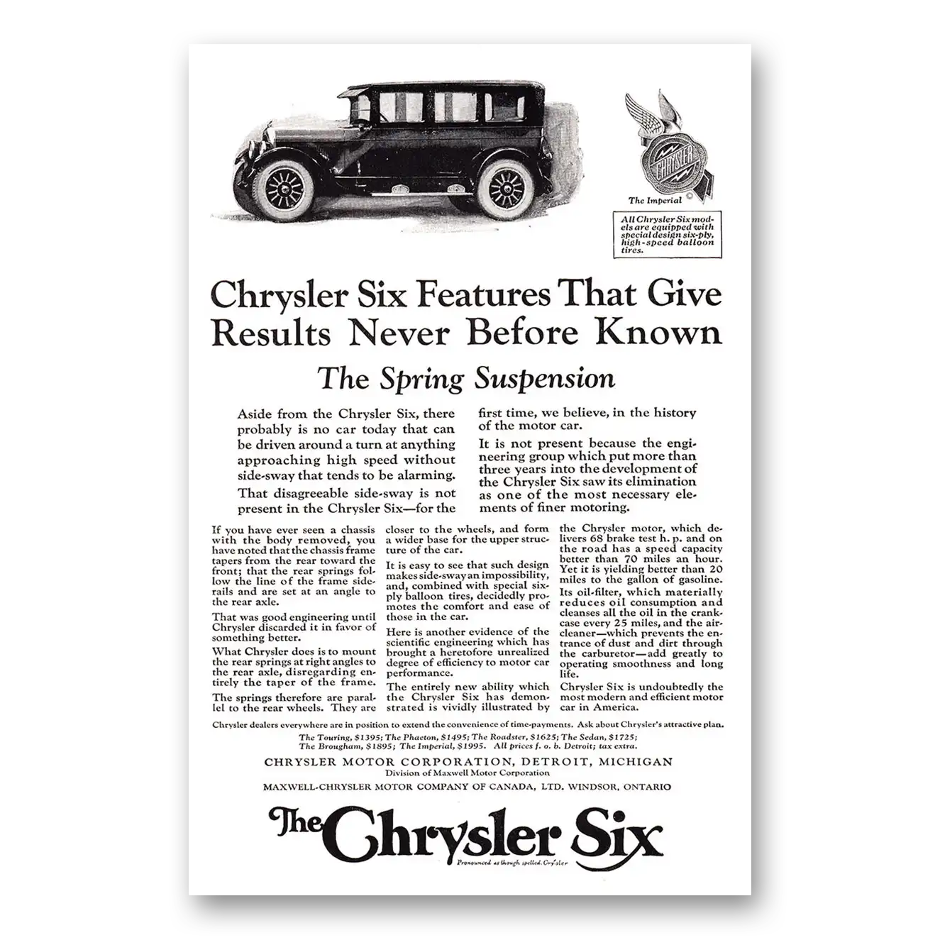 1924 Chrysler Six Spring Suspension Vintage Magazine Print Ad