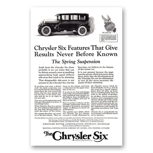 1924 Chrysler Six Spring Suspension Vintage Magazine Print Ad