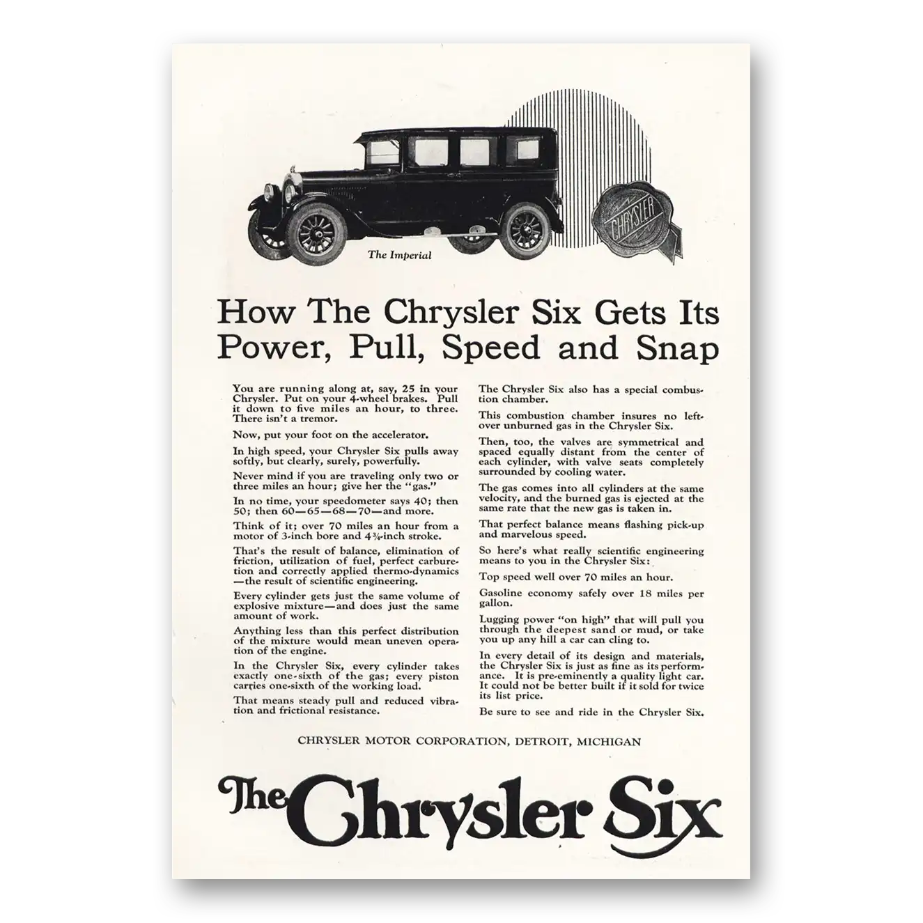 1924 Chrysler Six Power Pull Speed Snap Vintage Magazine Print Ad