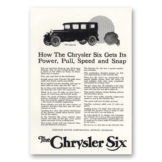 1924 Chrysler Six Power Pull Speed Snap Vintage Magazine Print Ad