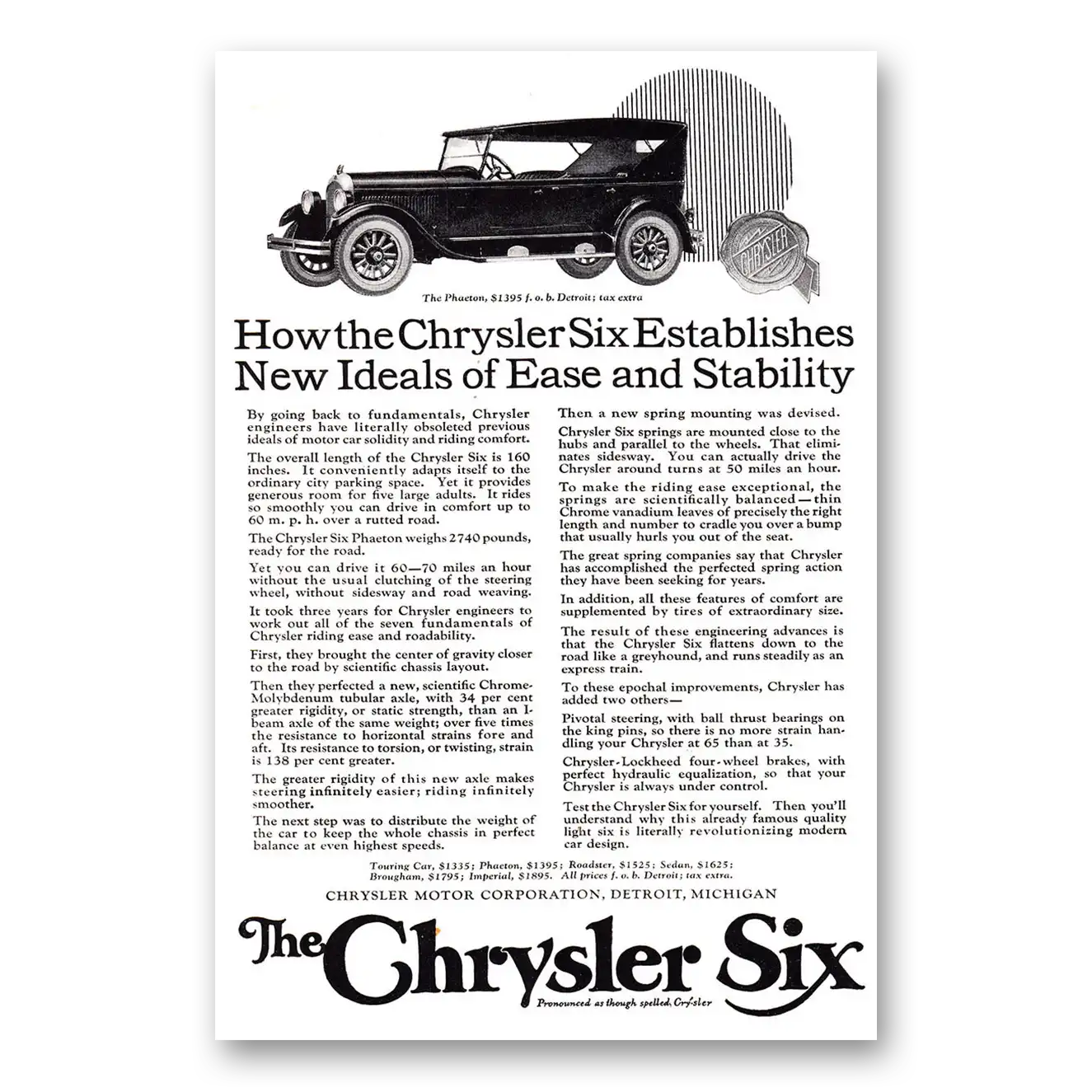 1924 Chrysler Six Establishes New Ideals of Ease and Stability Vintage Magazine Print Ad