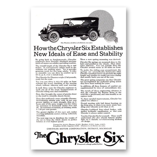 1924 Chrysler Six Establishes New Ideals of Ease and Stability Vintage Magazine Print Ad