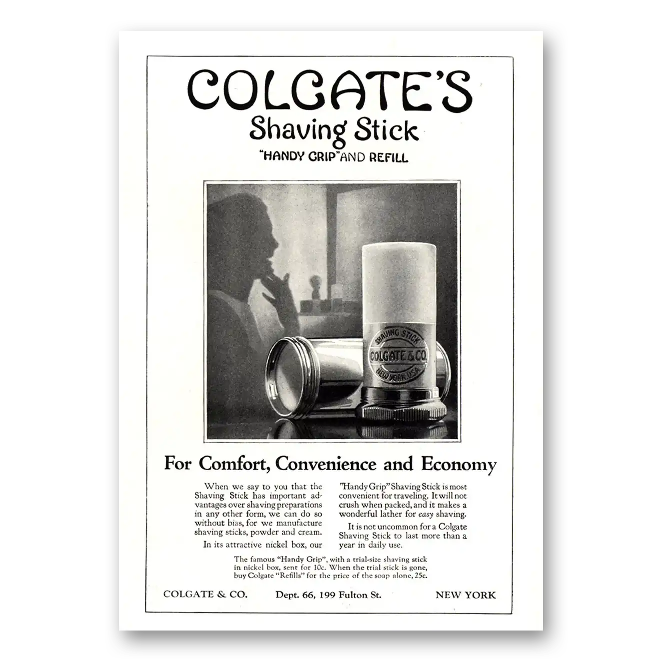 1924 Colgate Shaving Stick Handy Grip and Refill Vintage Magazine Print Ad