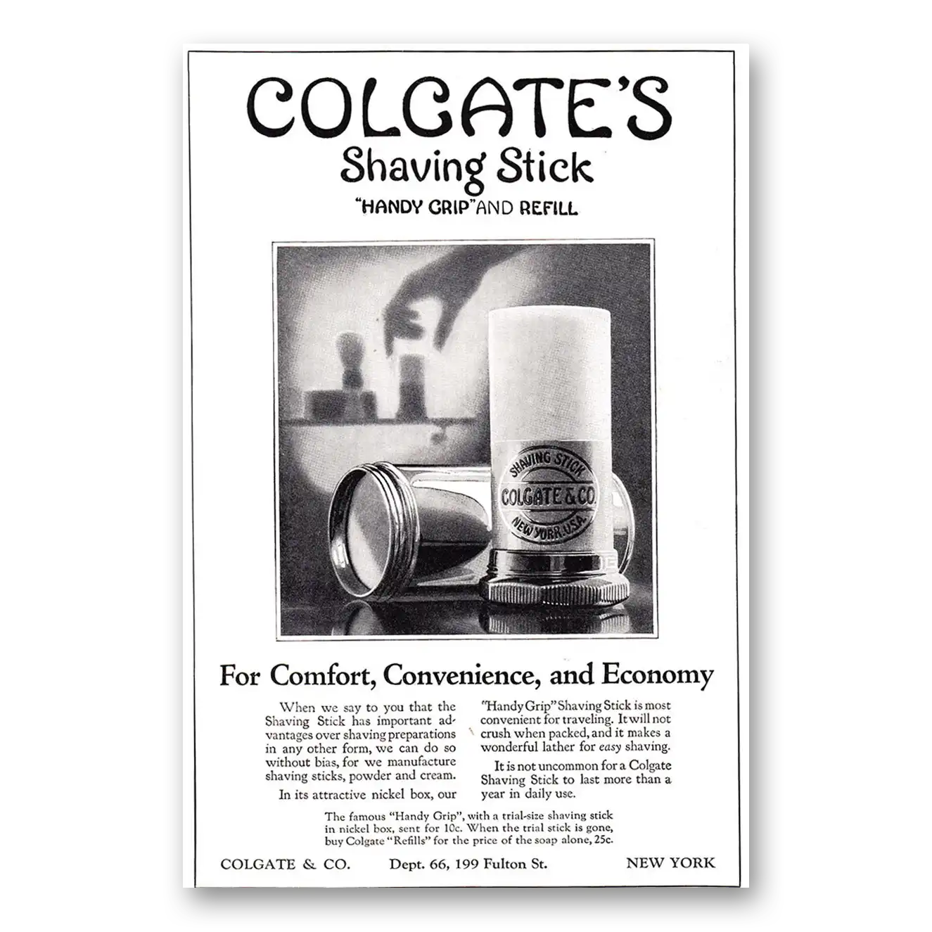 1924 Colgate Shaving Stick Handy Grip and Refill Vintage Magazine Print Ad