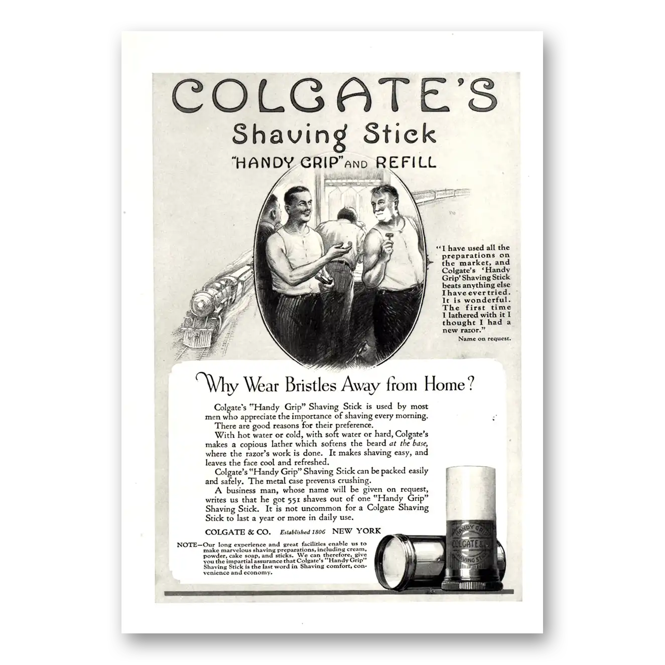 1924 Colgate Shaving Stick Why Wear Bristles Away From Home Vintage Magazine Print Ad