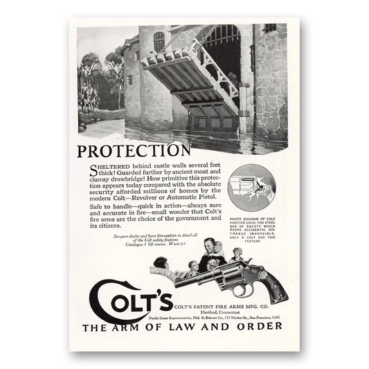 1924 Colt Fire Arms Protection Sheltered Behind Castle Walls Vintage Magazine Print Ad