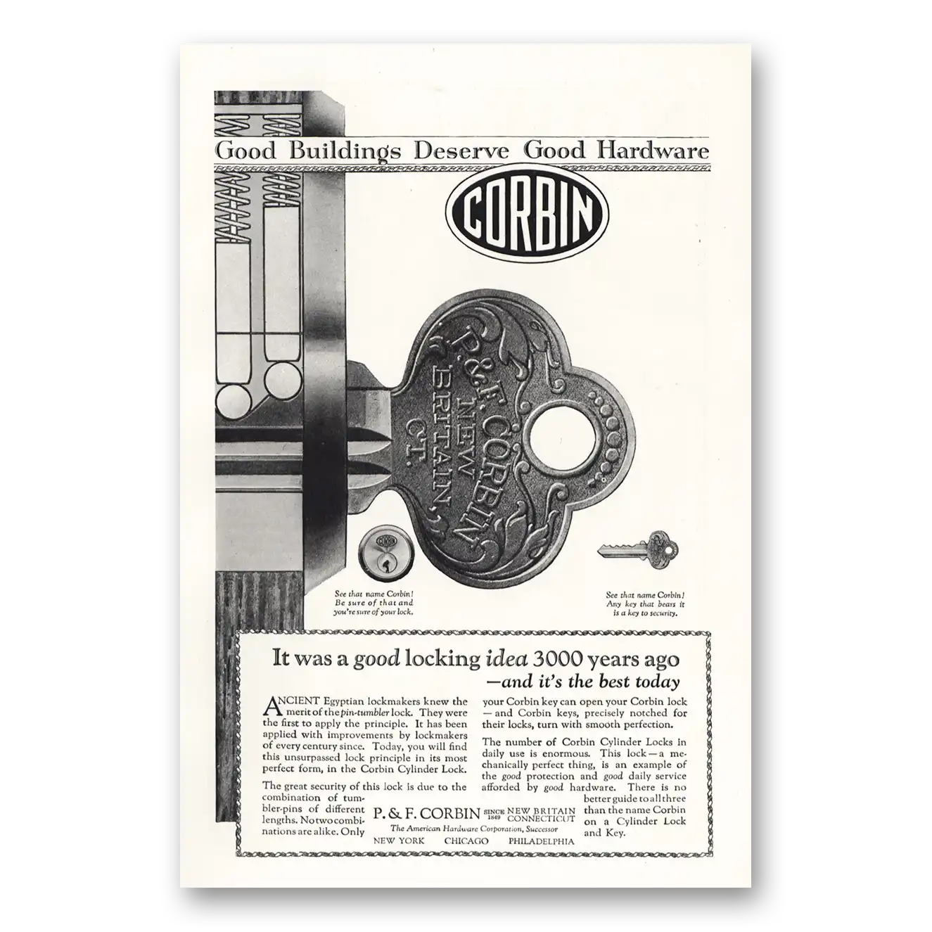 1924 P & F Corbin Was a Good Locking Idea 3000 Years Ago Vintage Magazine Print Ad