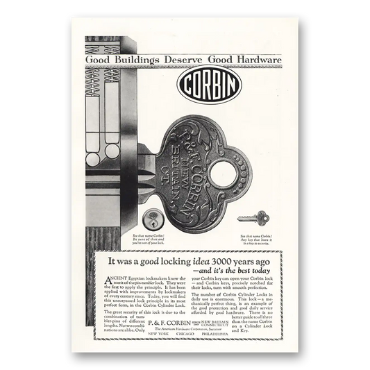 1924 P & F Corbin Was a Good Locking Idea 3000 Years Ago Vintage Magazine Print Ad