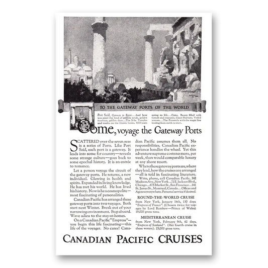 1924 Canadian Pacific Cruises Come Voyage the Gateway Ports Vintage Magazine Print Ad