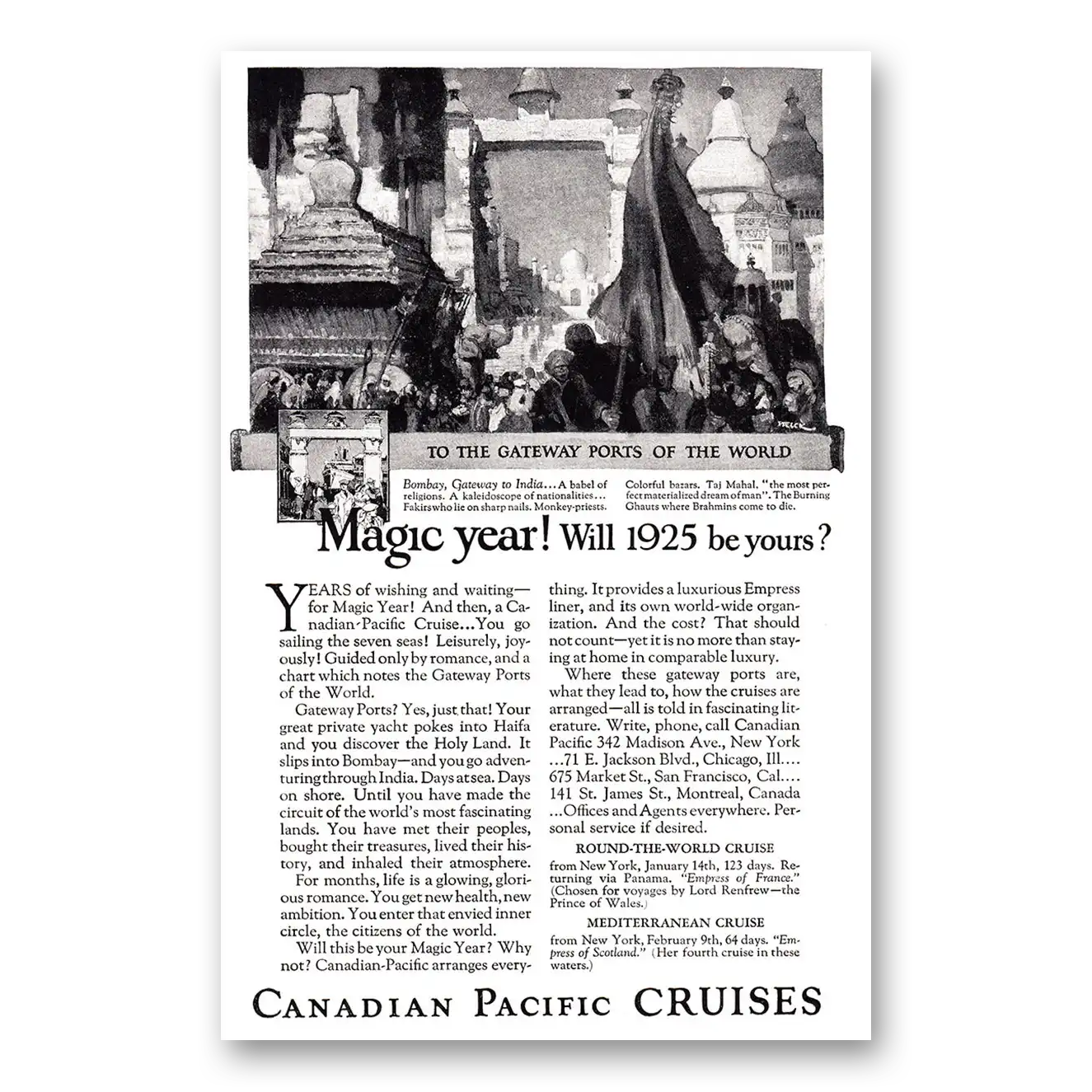 1924 Canadian Pacific Cruises Magic Year Bombay Vintage Magazine Print Ad