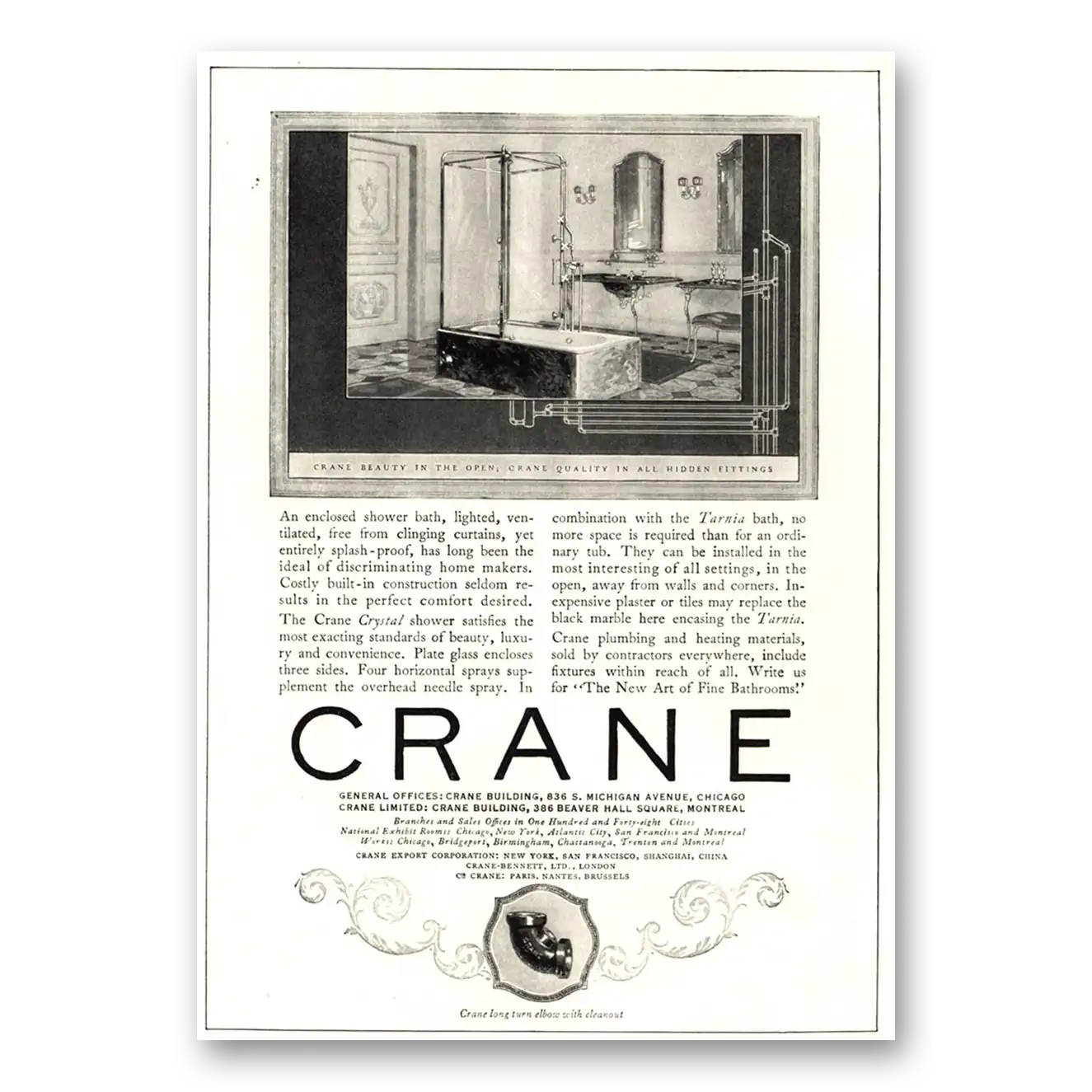 1924 Crane Enclosed Shower Bath Vintage Magazine Print Ad