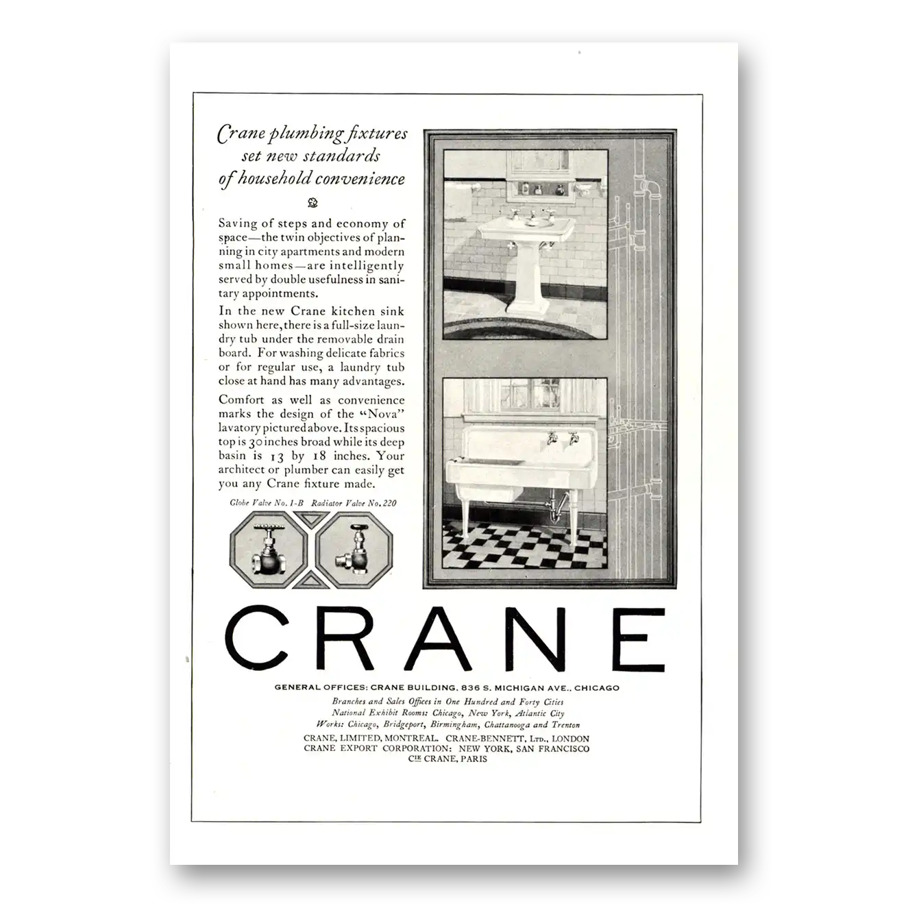 1924 Crane Plumbing Fixtures Set New Standards Vintage Magazine Print Ad