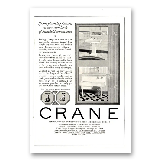 1924 Crane Plumbing Fixtures Set New Standards Vintage Magazine Print Ad