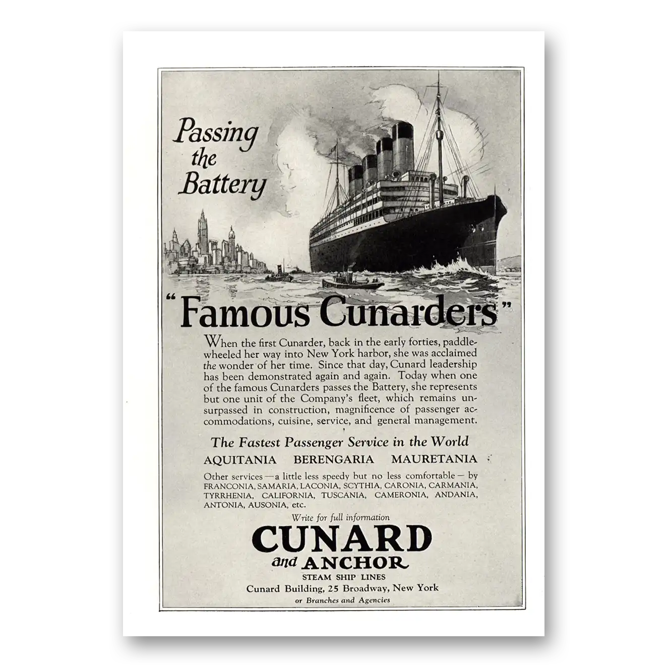 1924 Cunard Passing the Battery Vintage Magazine Print Ad