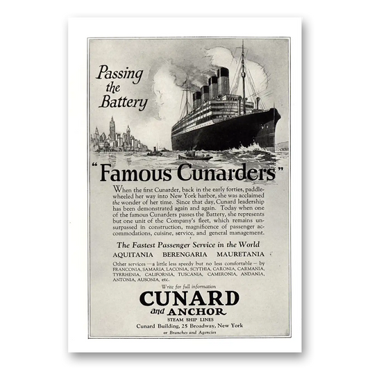 1924 Cunard Passing the Battery Vintage Magazine Print Ad