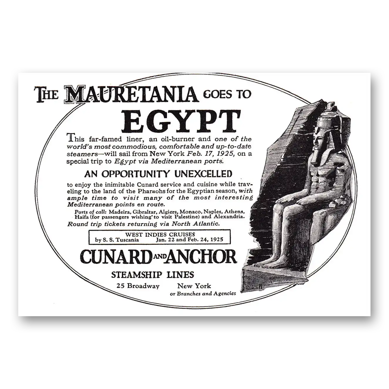 1924 Cunard Mauretania Goes to Egypt Vintage Magazine Print Ad