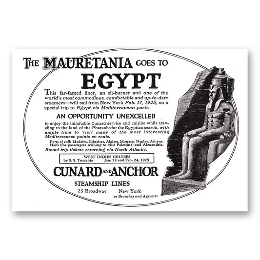 1924 Cunard Mauretania Goes to Egypt Vintage Magazine Print Ad